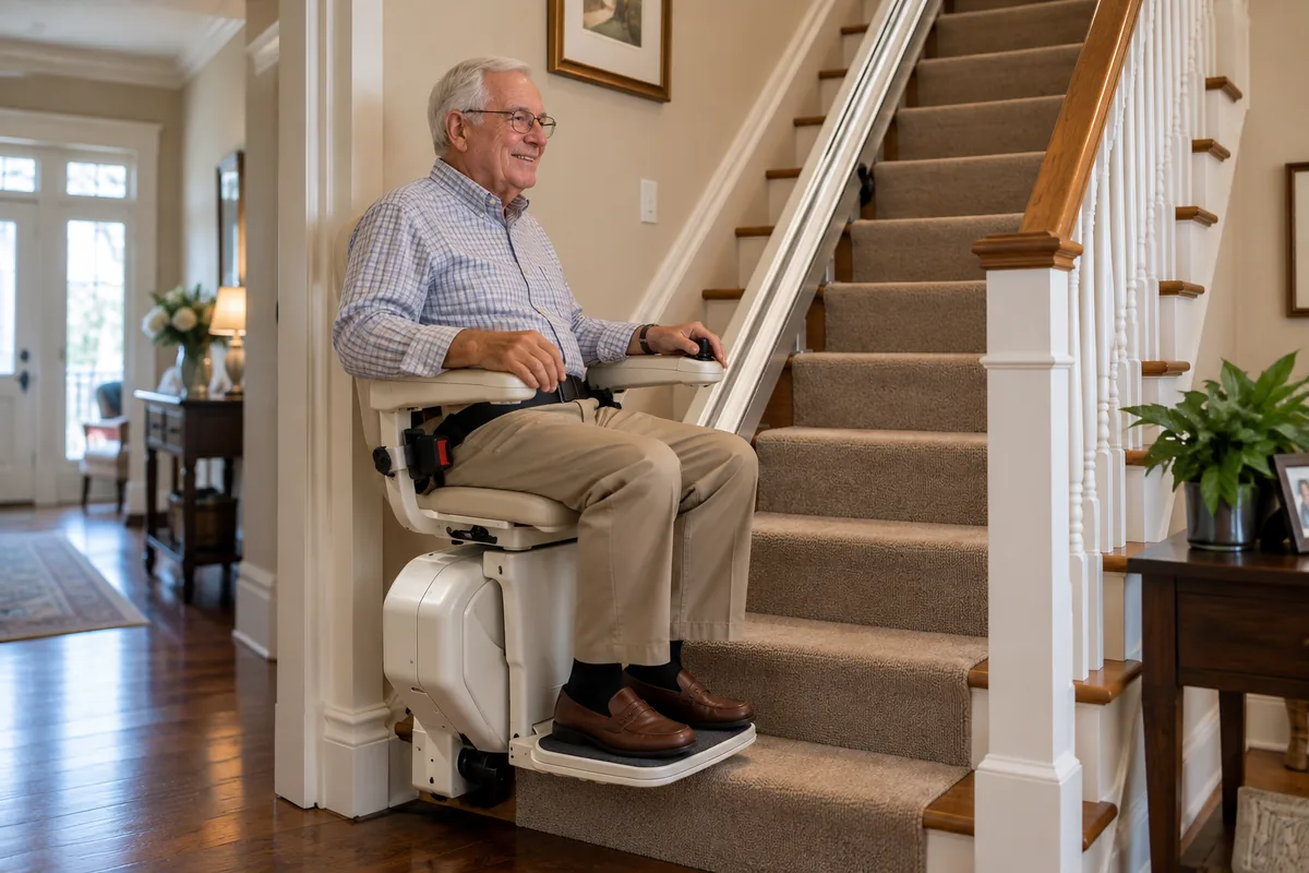 Senior man riding a straight stair lift up a carpeted staircase in an Allentown, PA home