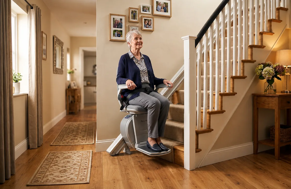 Senior woman riding a stair lift down a staircase at home