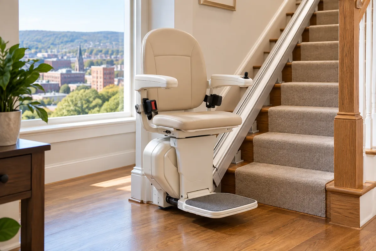 Straight stair lift parked at the bottom of the stairs in an Allentown, PA home